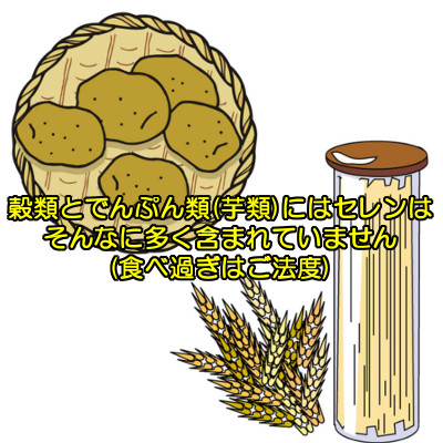 穀物やでんぷん類にもセレンを含む食品は多いですが血糖値が上がってしまうので食べ過ぎには十分注意すること